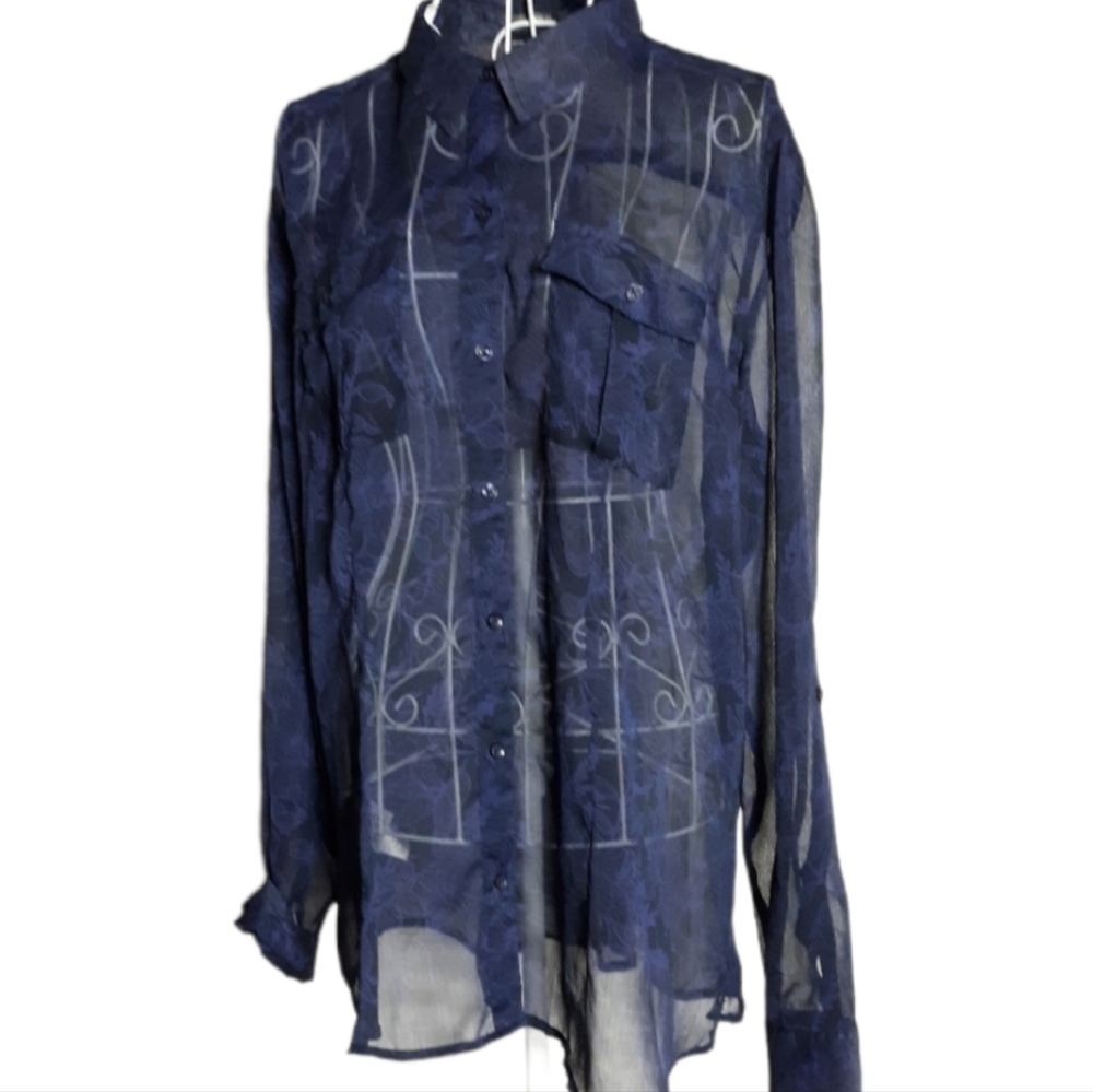 Eddie Bauer Semi-Sheer Navy Floral Button Down Tunic SZ XL